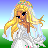 Pixelated character with long blonde hair and blue eyes wears white dress with silver accents and floral crown, standing against gradient sky and green field.