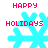 Pixelated cyan snowflake with red text 'HAPPY HOLIDAYS' above and below, displayed in four variations showing different snowflake shapes.