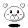 Pixelated white circular character with black square eyes, red blush marks, and a smiling mouth, surrounded by small white hearts on a gray background.