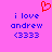 Pixelated text and symbols on a pink background with a red heart above blue text reading 'i love andrew (3333)'