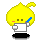 Pixelated cartoon character with yellow hair, two square eyes, and a blue streak on the right side of its head holding a white rectangular object.