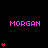 Pixelated pink text 'MORGAN' appears above red heart stacks on black background, with one gray rectangle visible at bottom-right.