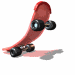 Red skateboard with black wheels animates through multiple poses against white background, showing rotation and tilt changes.