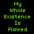 Green pixelated text on black background with white rectangular overlays shifting across the phrase "My Whole Existence Is Flawed" in a pattern