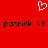 Red background with white pixelated heart symbol above two identical black text strings reading 'patrick <3' in lowercase.