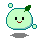 Two pixelated light green circular figures with black square eyes, red smiles, and green leafy tops, each with a teal outline and gray shadow on a gray background.