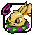 A 4-frame animated contact sheet of a yellow cartoon rabbit with orange inner ears, green floral wreath, and pink circular accents in each corner, showing different eye expressions across frames.