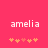 Pixelated text 'amelia' in white on bright pink background with two of orange and light-orange heart shapes below