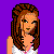 Pixelated character with brown hair in white top and blue pants, standing against purple background with green text.