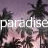 Pixelated image of palm trees against a purple sky with the word 'paradise' repeated in white text across the center.
