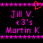 Pixelated text displays 'Jill V.', '43's', and 'Martin K' in magenta on black with a red heart symbol above.