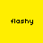 Four quadrants display the word 'flashy' in black pixelated text on solid yellow, brown, purple, and pink backgrounds.