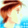 Anime-style profile of a person with light brown hair and blue clothing against a bright background, featuring small circular patterns.