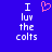 Blue background with white pixelated text reading "I luv the colts" and a pink heart symbol above the word "luv".