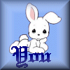 nine blue-tinted each featuring a white rabbit with pink inner ears and black eyes, overlaid with dark blue gothic text