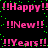 Pixelated pink text on black background with green dots, repeating '!!Happy!!', '!!New!!', and '!!Years!!' in alternating
