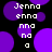 Pixelated text 'Jenna' and partial fragments appear over a black background with purple circles, rendered in low-resolution style.