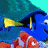 Animated scene with blue fish and red-and-white striped fish swimming in a coral reef background.