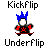 Pixelated character with blue spiky hair and red clothing performs actions on a skateboard, alternating between 'KickFlip' and 'Underflip' text labels.