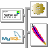 Static pixel art icon showing four framed panels with distinct pixelated content: a small green and blue square, a beige circular shape, a blue and orange abstract form, and a multicolored diagonal stripe.