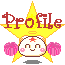 Pixelated character with pink cheeks and red star on forehead, holding pink pom-poms under yellow star, 'Profile' text above.