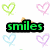 A static digital image with green and blue text over a white background filled with small, multicolored heart outlines.