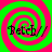 Four identical spiral patterns with alternating green and pink rings, each containing the text "Betch" in black serif font with a diagonal slash.