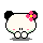 Pixel art contact sheet of four animated frames showing a panda-like character with pink flower accessory in various poses and expressions on gray background.