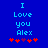 Blue background with light blue text reading "I Love you Alex" and red pixelated symbols below.