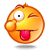 Yellow emoji face with one eye winking, tongue sticking out, hand covering part of the cheek, and a small shadow beneath it.