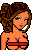 Pixel art contact sheet showing a female character in red strappy top and flared pants with 'NY' logo, displayed across four frames including full-body view, torso close-up, and text overlay.