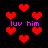 Red pixelated hearts float on a black background with repeated purple text reading 'luv him' in four locations.