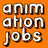 Pixelated text 'animation jobs' in white with brown outlines on an orange background, arranged in three rows.