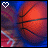 Pixelated basketball with blue and purple background, white heart icon in top-left corner.