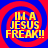 Four identical display yellow text "IM A JESUS FREAK!!" on a blue and red spiral background with pixelated edges