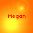 Four orange-yellow gradient each display red pixelated text 'Megan' with varying light flares and circular lens effects