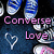Pixelated image with pink text 'Converse Love' over blue background, featuring white heart and partial shoe icons.