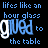 Animated sequence of text 'lives like an hour glass to the table' with 'gived' in white and blue, cycling through letter visibility changes.