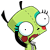 Pixelated green cartoon character with large white eyes, red mouth, black antennae, and teal accents on a gray background.