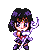 Pixel art chibi character with black hair and purple accents, holding a glowing staff, in multiple poses showing motion and expression changes.