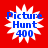 Four identical blue text icons on white starbursts against red background, each reading Picture Hunt 400 in pixelated font.
