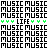 Pixelated of repeating 'MUSIC' text with two green 'LIFE' instances flanked by four green arrows, all on white background