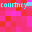 Pixelated cyan text 'courtney!!!courtney!!!' repeats across a red and pink checkered background in two horizontal bands.
