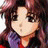 Pixelated static image of a character with long dark hair and light skin, wearing a purple top with red accents, from an anime-style buddy icon.