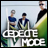 Pixelated image of three figures standing outdoors with large white text overlay reading DEPECHE MODE against a light background.