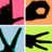 Four pixelated black shapes on colored backgrounds: top-left pink, top-right orange, bottom-left light blue, bottom-right lime green.