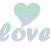 Two heart-shaped balloons float above the word 'love' written in gradient script, with a light green-to-purple left side and dark green-to-gray right side.