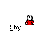 Pixelated character in red shirt with white face and black eyes, displayed in three with 'Shy' text below each, showing subtle animation changes in posture