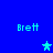 Blue background with four instances of the name 'Brett' in cyan pixelated text and three cyan star icons arranged in a pattern