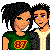 Pixelated cartoon image of two people in green shirts with '87' on one shirt, a pink heart icon below, and text labels.
